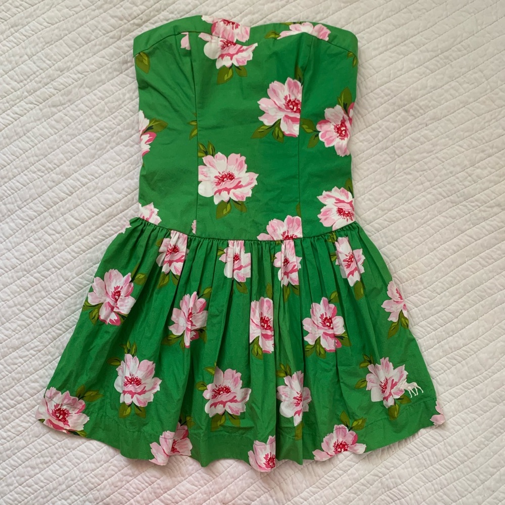Strapless Green Pink Floral Dress Pockets